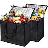 NZ Home XL Insulated Reusable Grocery Bags, Sturdy Zipper, Foldable, Washable, Heavy Duty, Stands Upright, Completely Reinforced Bottom & Handles (2 Pack, Black)