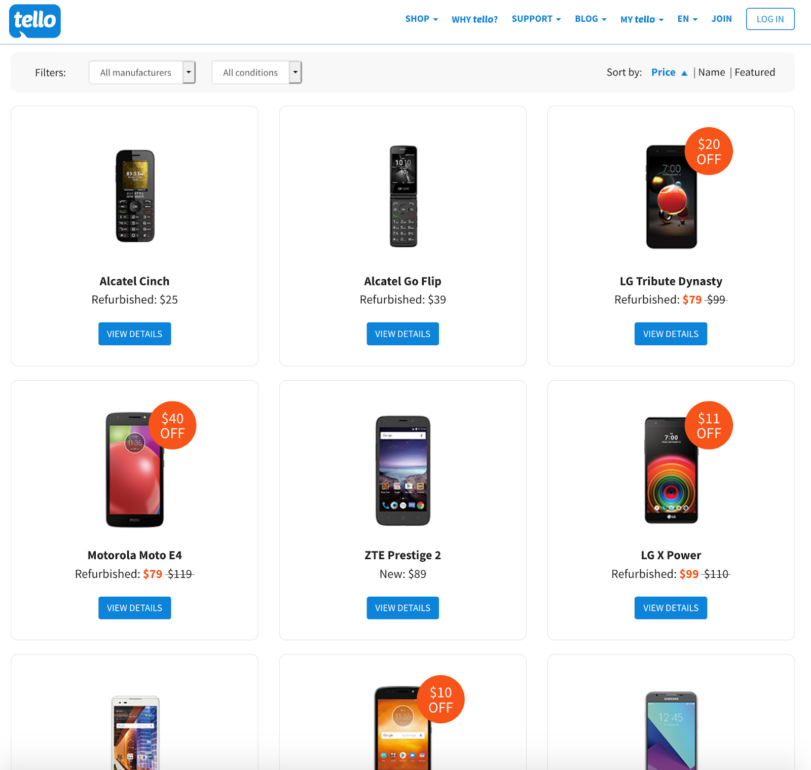 image of tello phone options