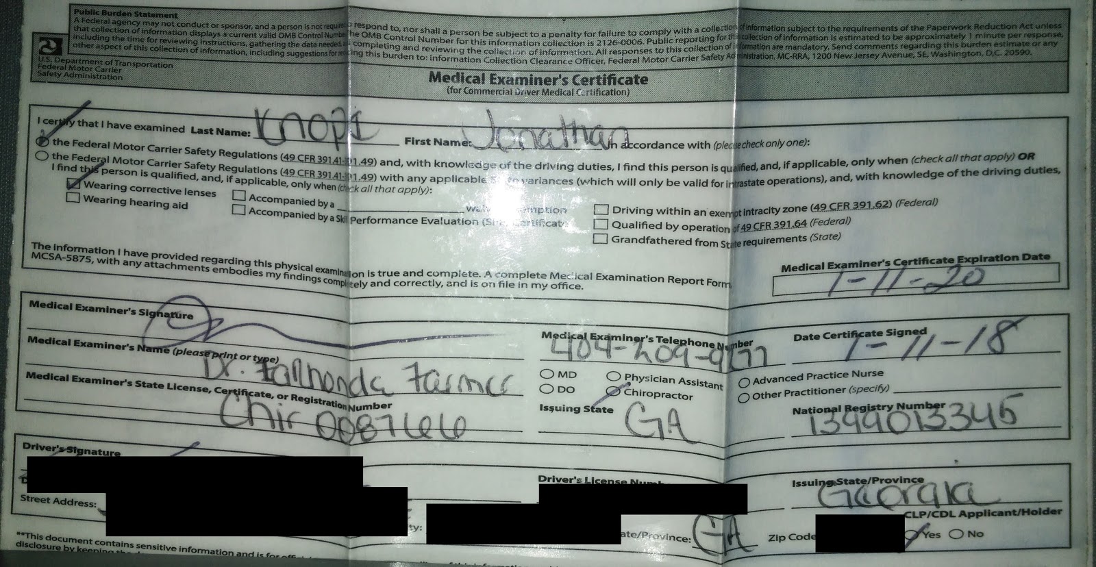 image of The author’s DOT medical card