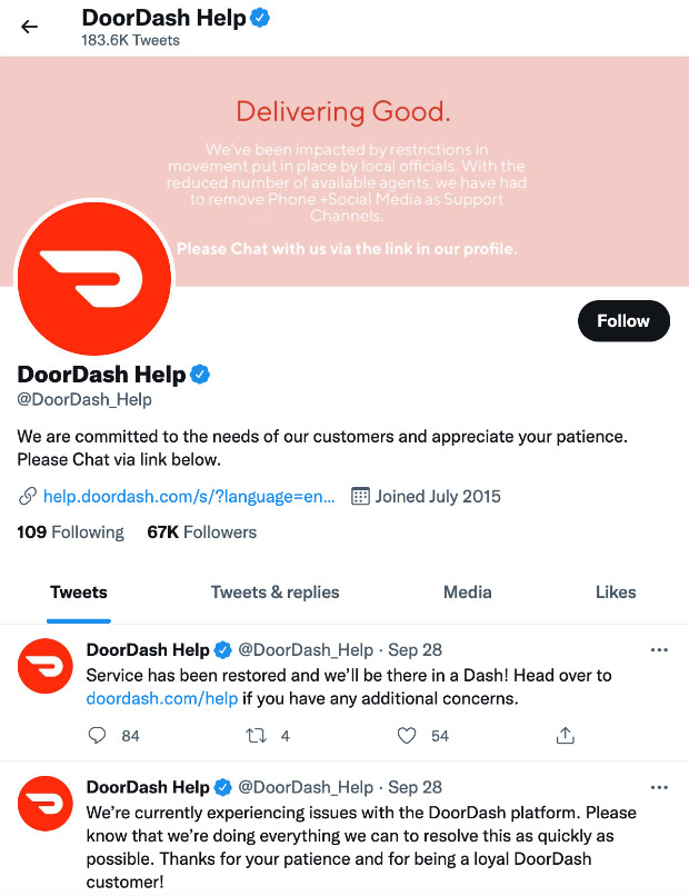 doordash help on social media