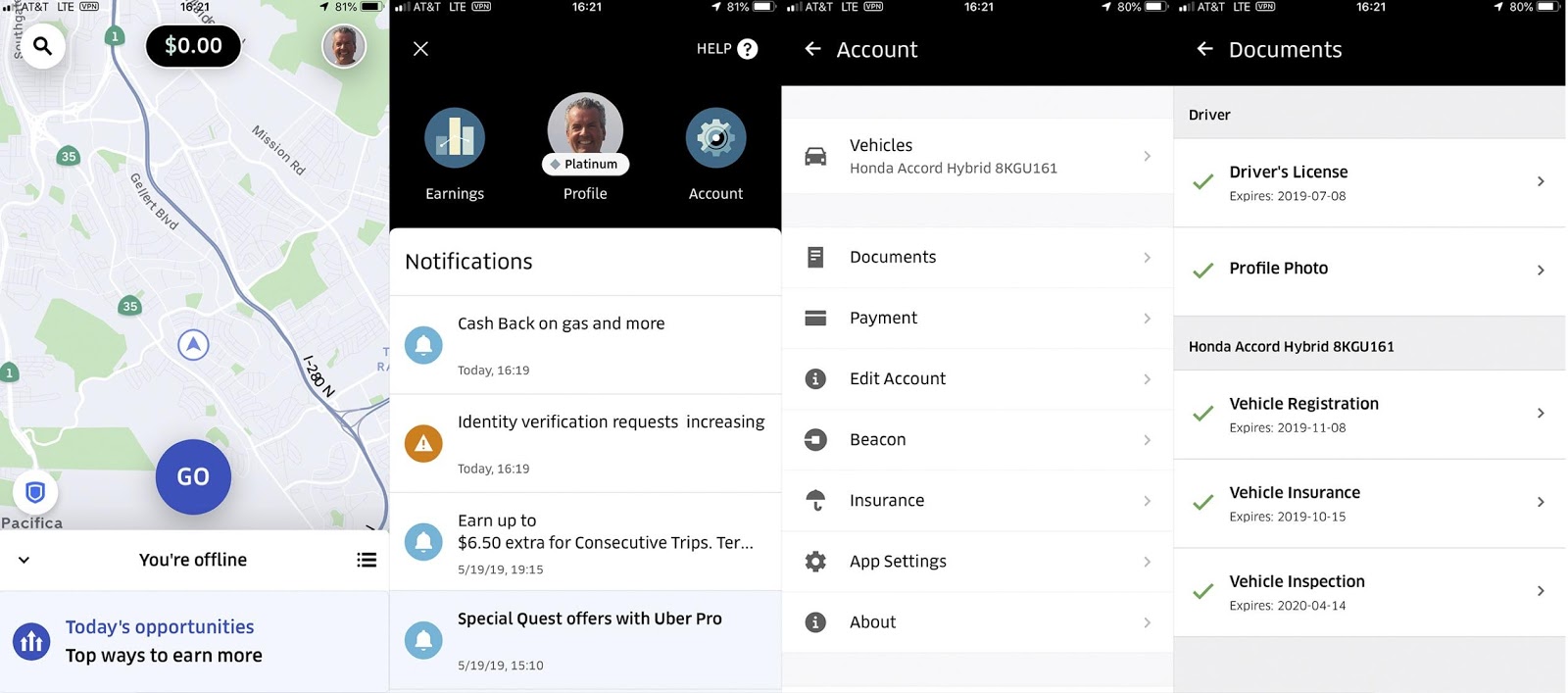 Uber app dashboard