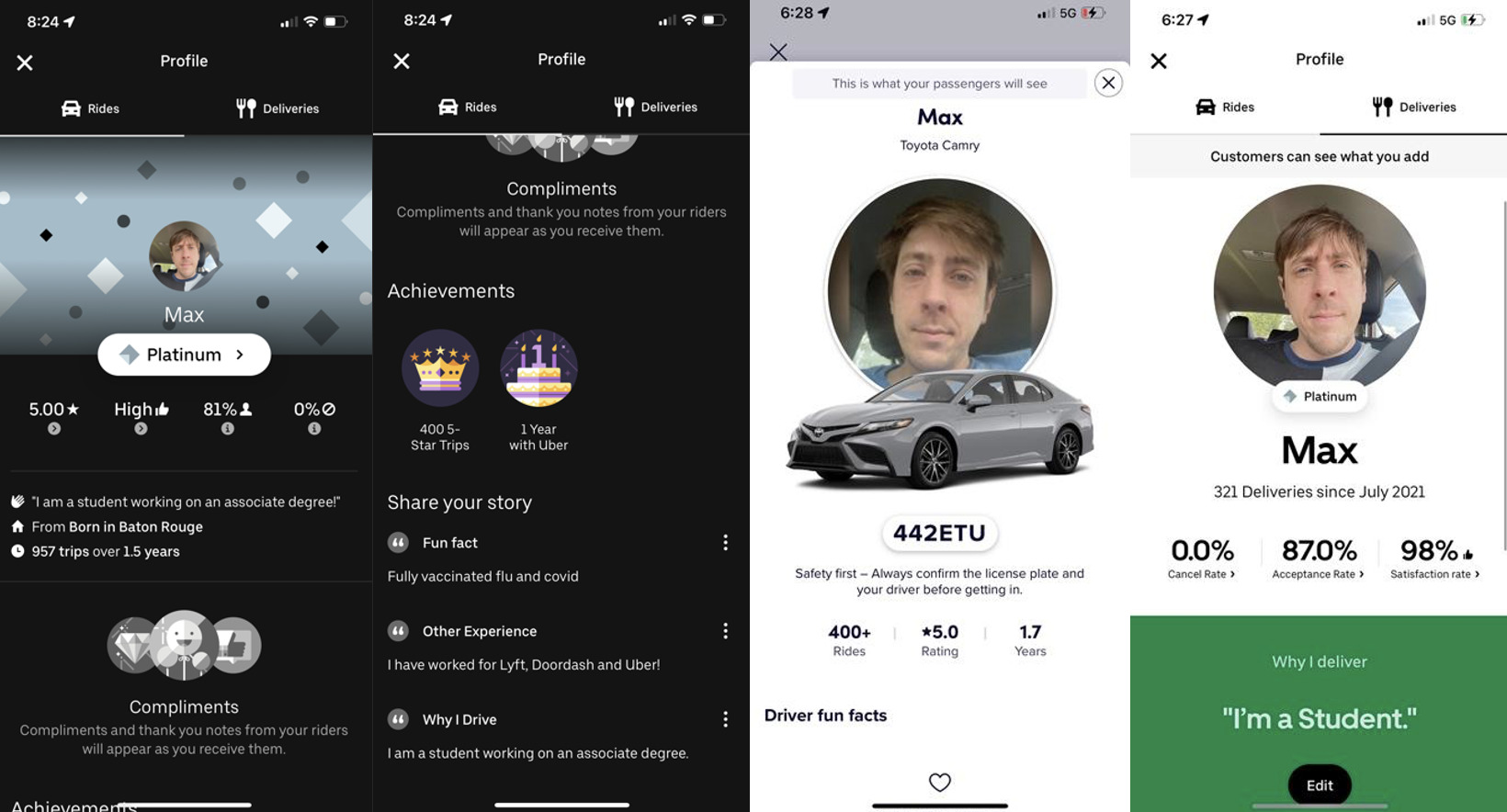 uber, uber eats and lyft driver ratings