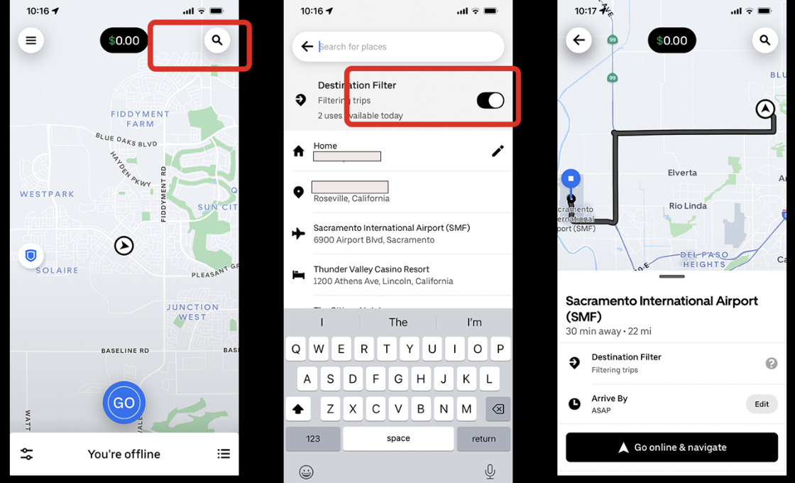 uber destination filter