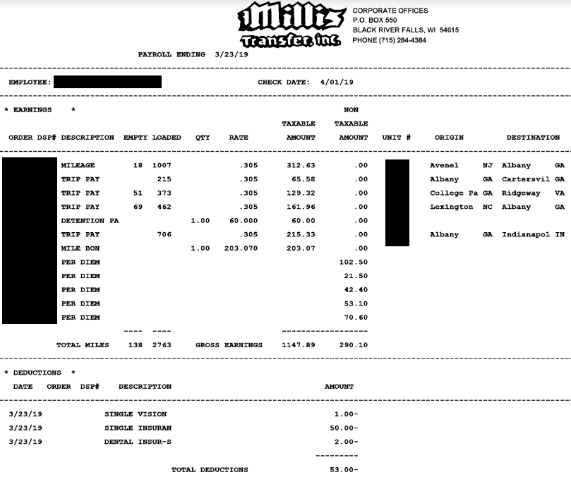 truck driver pay example