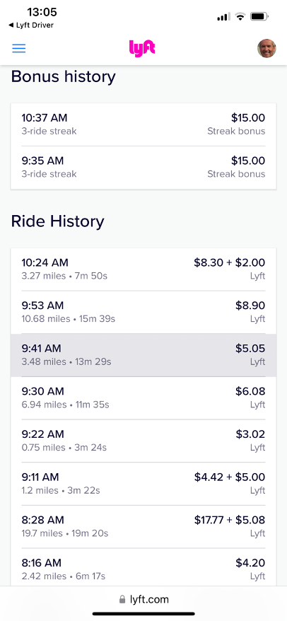 Jay's Lyft driver screen