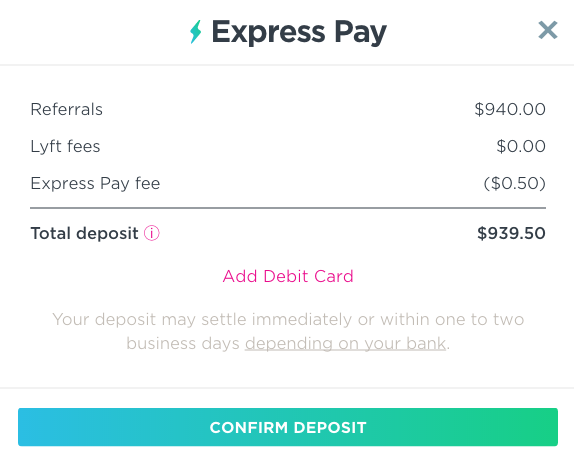 Lyft Express Pay Cash Out Screen