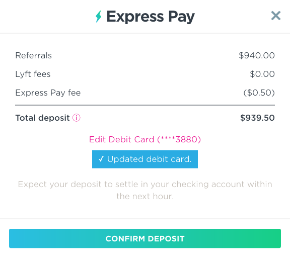 Lyft Express Pay Confirmation Page