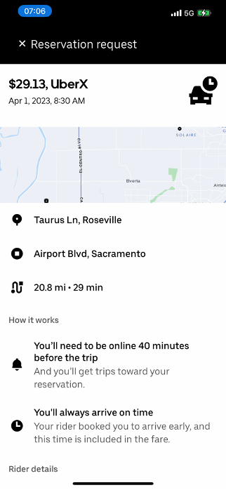 uber reservation request details